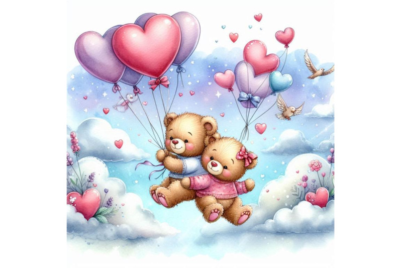 teddy-bears-with-heart-shaped-balloons-flying-in-the-sky