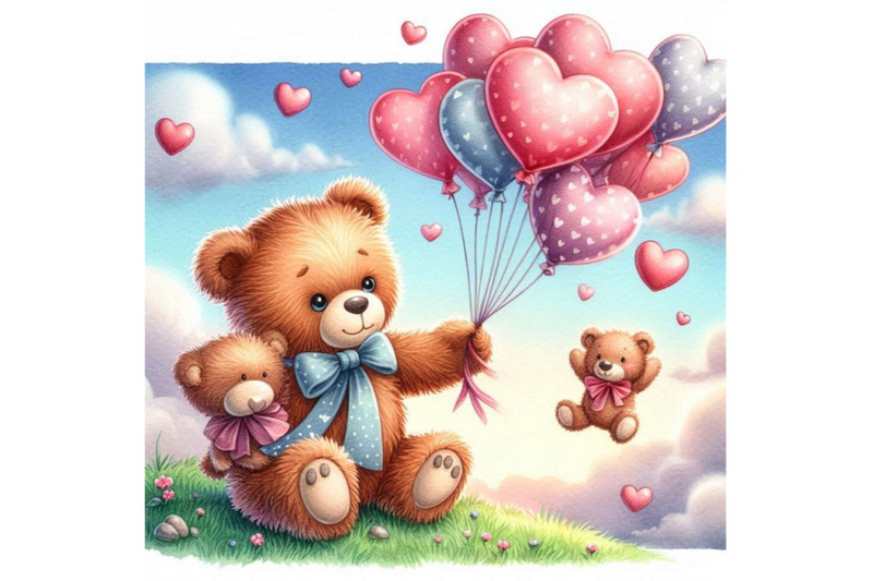 teddy-bears-with-heart-shaped-balloons-flying-in-the-sky