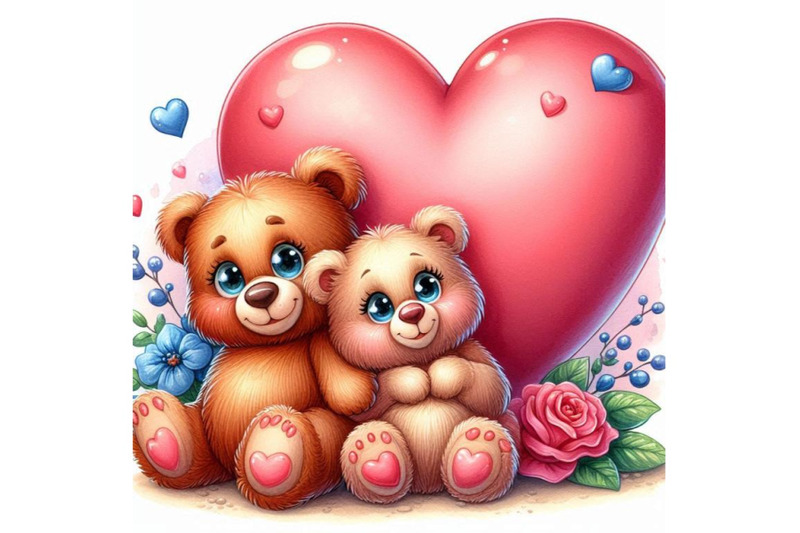 two-cute-teddy-bears-leaning-against-a-giant-heart