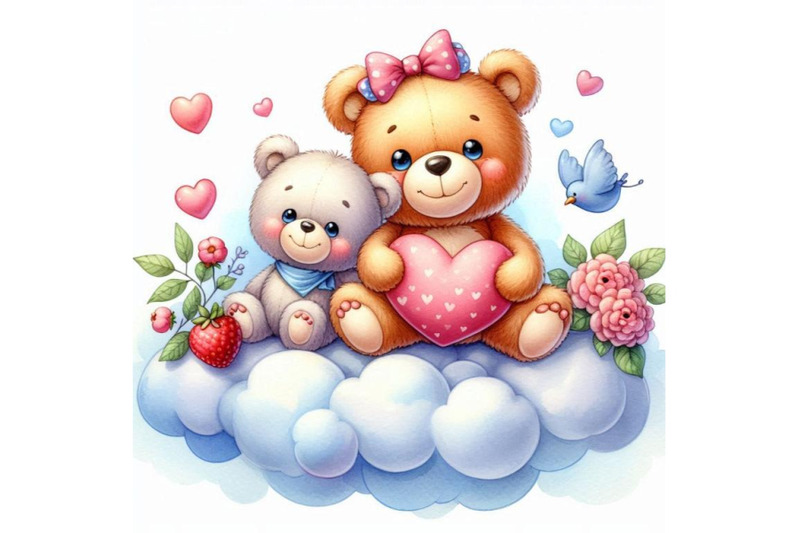 teddy-bears-sitting-on-a-cloud-holding-a-heart