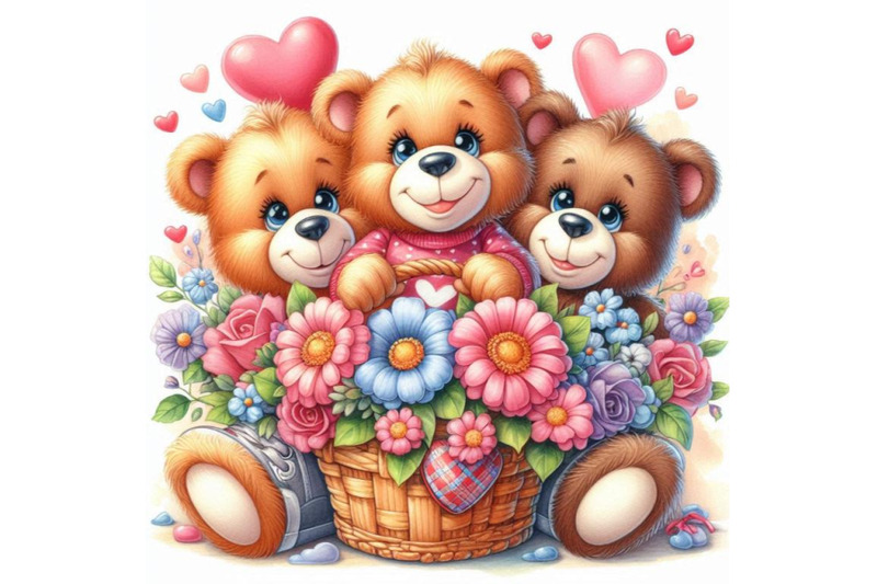 teddy-bears-in-a-heart-shaped-basket-of-flowers