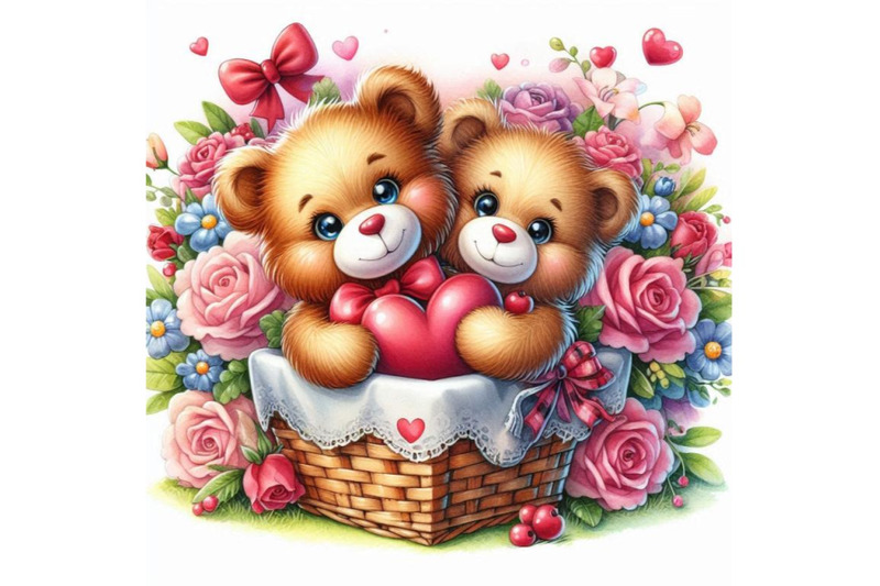 teddy-bears-in-a-heart-shaped-basket-of-flowers