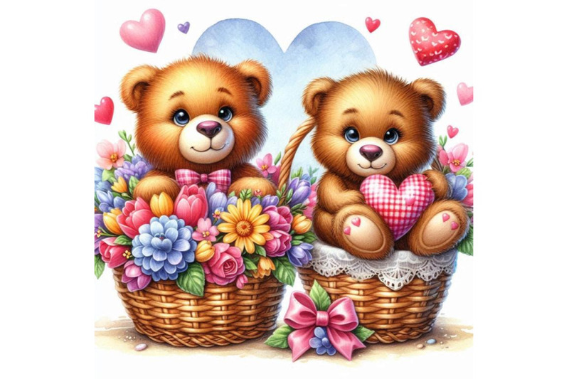 teddy-bears-in-a-heart-shaped-basket-of-flowers