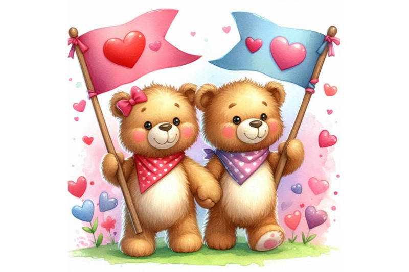 two-teddy-bears-waving-heart-shaped-flags