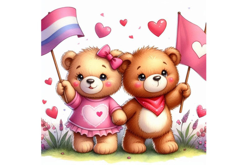 two-teddy-bears-waving-heart-shaped-flags