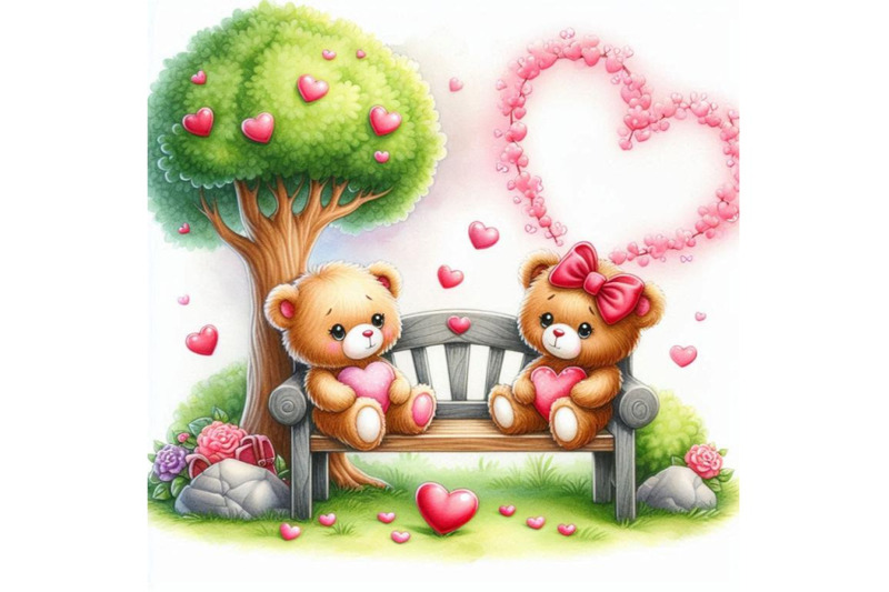 teddy-bears-sitting-on-a-heart-shaped-bench-under-a-tree