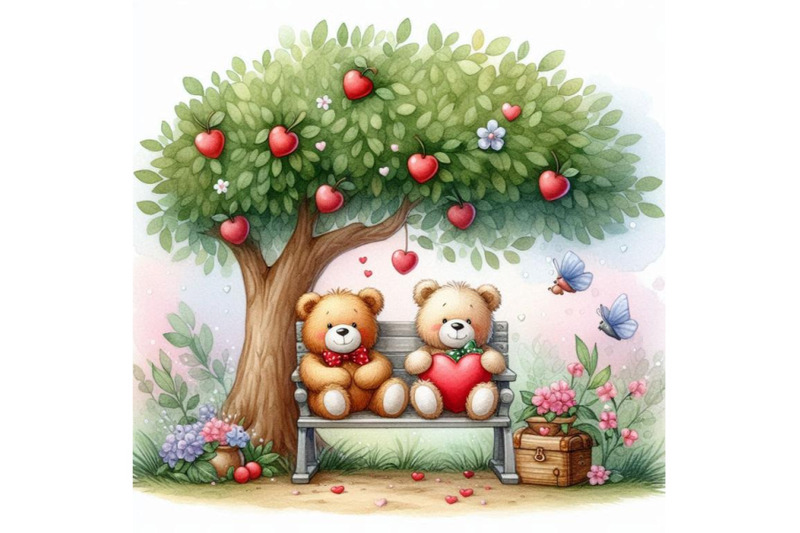 teddy-bears-sitting-on-a-heart-shaped-bench-under-a-tree