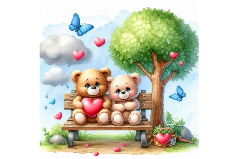 teddy-bears-sitting-on-a-heart-shaped-bench-under-a-tree