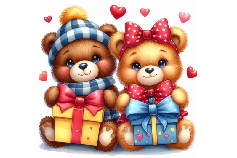 two-teddy-bears-holding-heart-shaped-gift-boxes