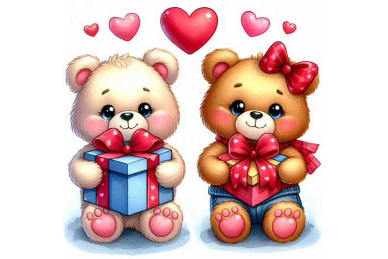 two-teddy-bears-holding-heart-shaped-gift-boxes