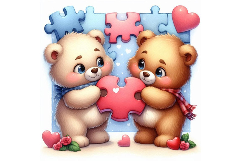 teddy-bears-holding-a-heart-shaped-puzzle-piece-together