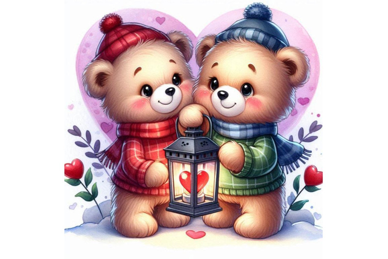 two-teddy-bears-holding-a-heart-shaped-lantern