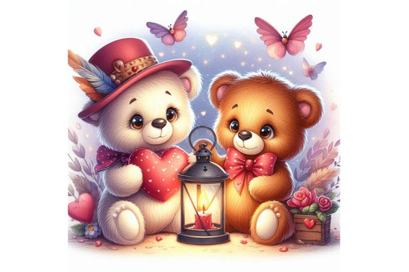 two-teddy-bears-holding-a-heart-shaped-lantern