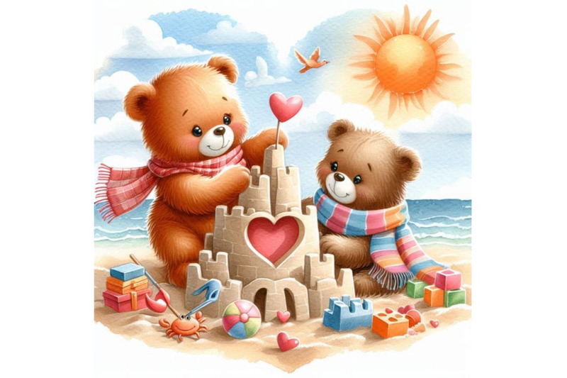 teddy-bears-building-a-heart-shaped-sandcastle-together