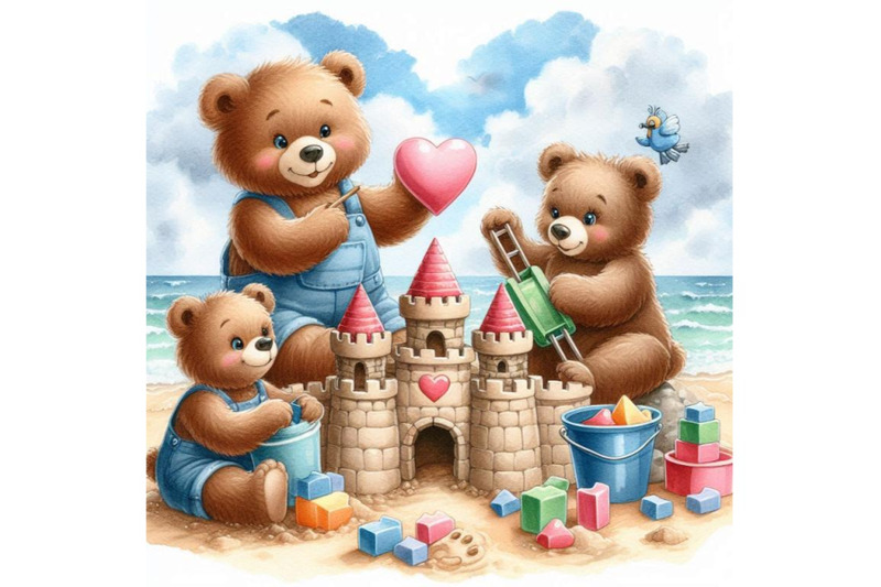 teddy-bears-building-a-heart-shaped-sandcastle-together