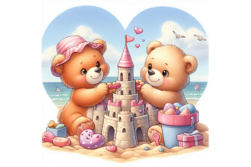 teddy-bears-building-a-heart-shaped-sandcastle-together