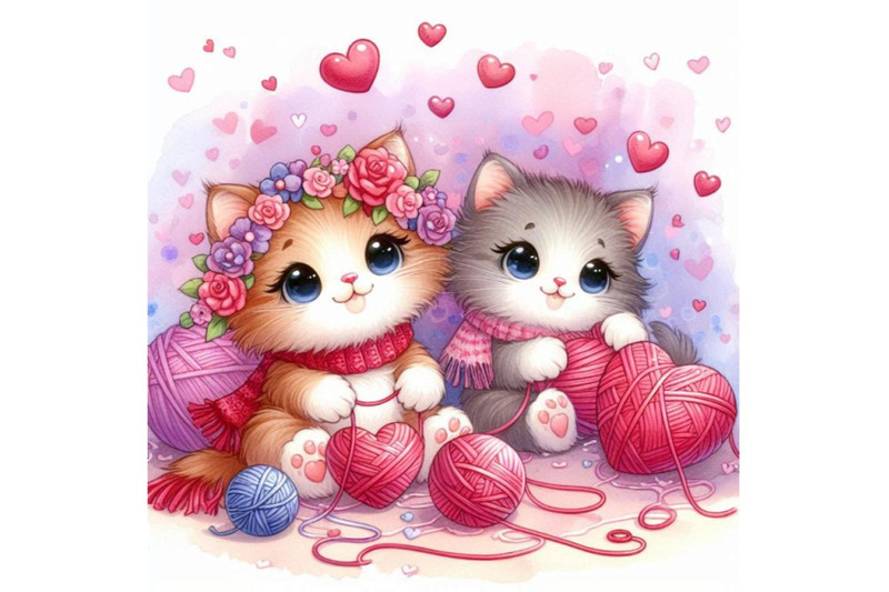 valentines-day-kittens-playing-with-heart-shaped-yarn-watercolor-back