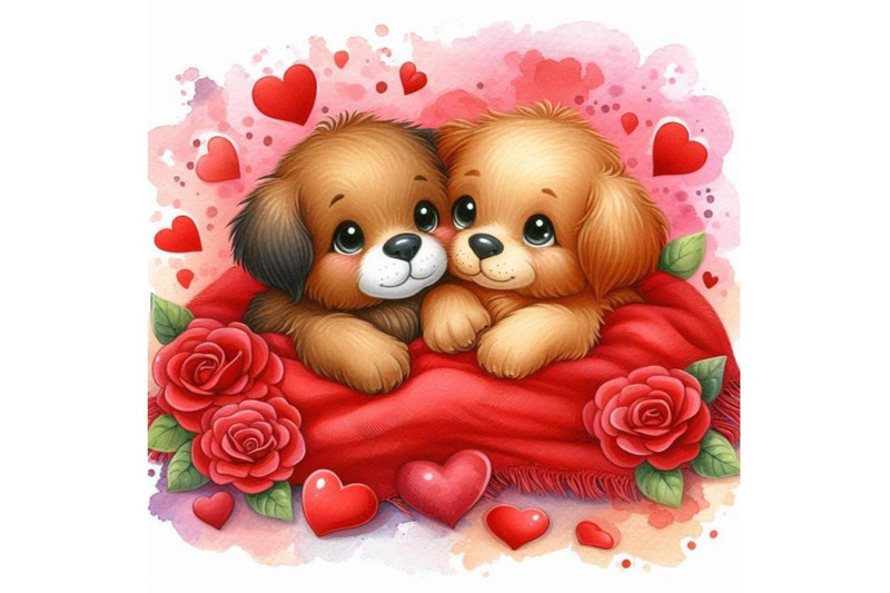 valentines-day-puppies-cuddling-on-a-red-blanket-watercolor-backgroun