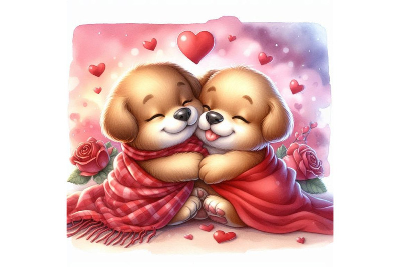 valentines-day-puppies-cuddling-on-a-red-blanket-watercolor-backgroun