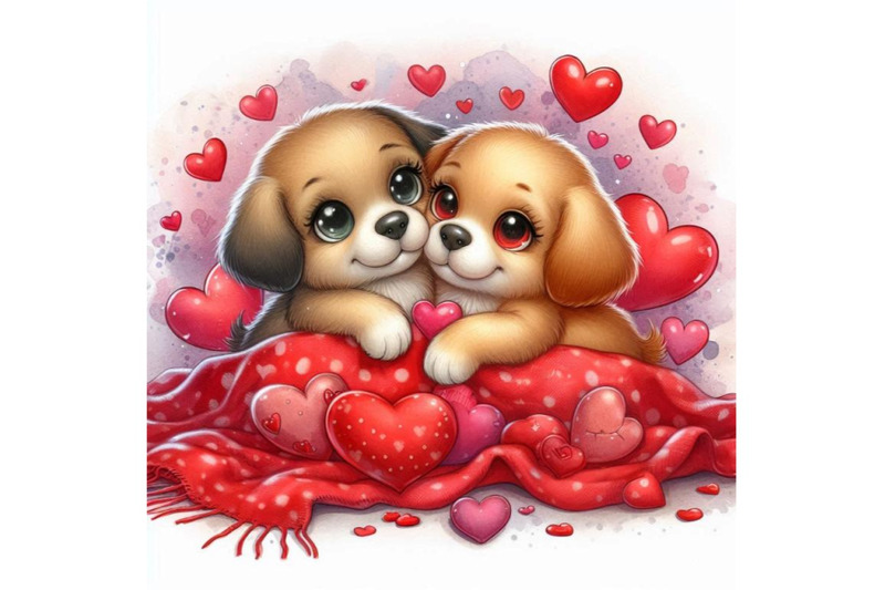 valentines-day-puppies-cuddling-on-a-red-blanket-watercolor-backgroun