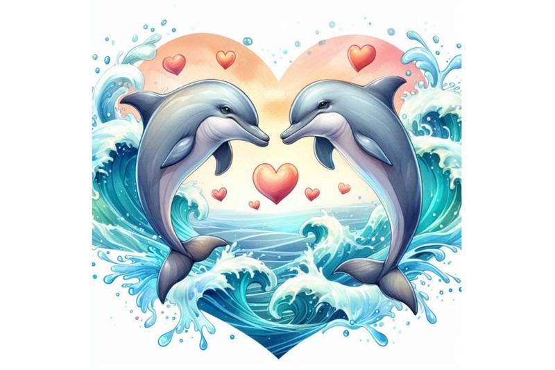 two-dolphins-jumping-through-heart-shaped-waves-watercolor-background