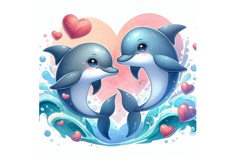 two-dolphins-jumping-through-heart-shaped-waves-watercolor-background