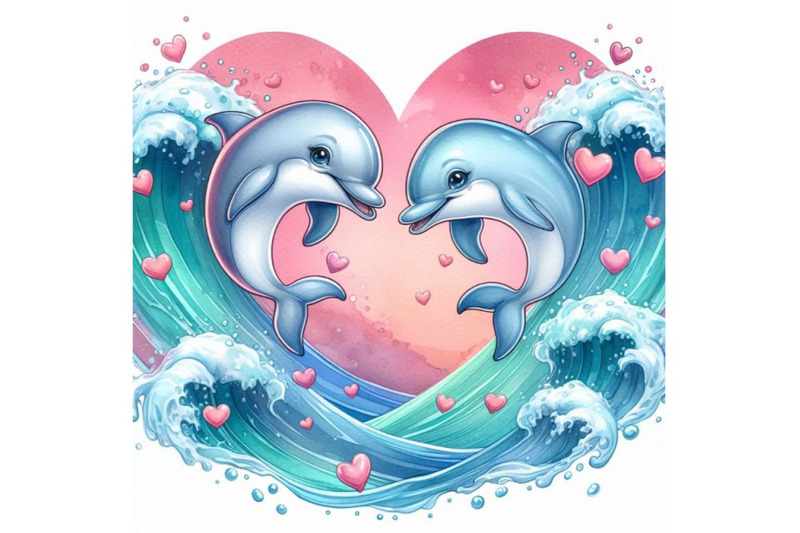 two-dolphins-jumping-through-heart-shaped-waves-watercolor-background