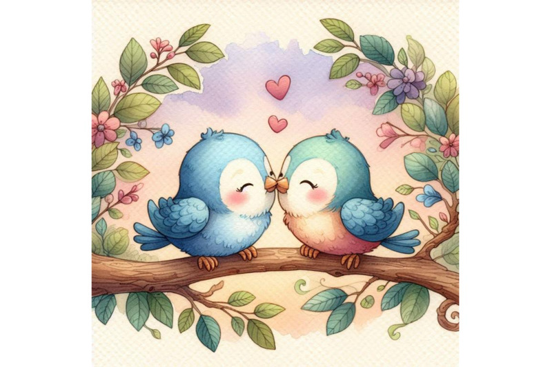 a-pair-of-lovebirds-sharing-a-soft-kiss-on-a-tree-branch-watercolor-b