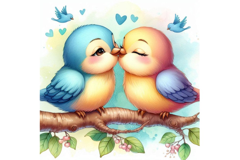 a-pair-of-lovebirds-sharing-a-soft-kiss-on-a-tree-branch-watercolor-b