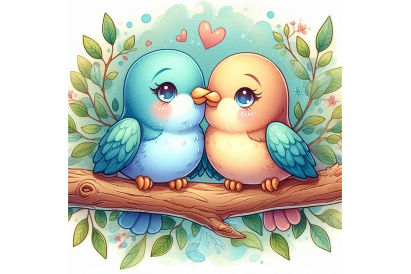 a-pair-of-lovebirds-sharing-a-soft-kiss-on-a-tree-branch-watercolor-b