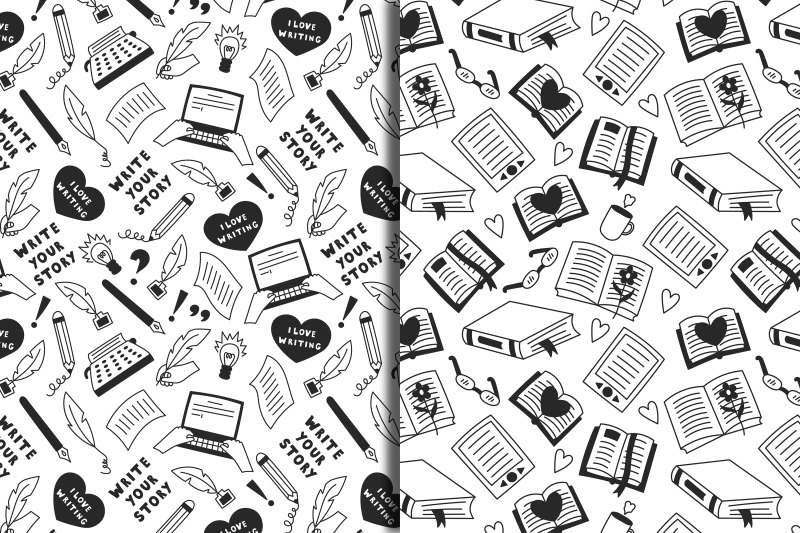 book-writing-doodle-seamless-patterns