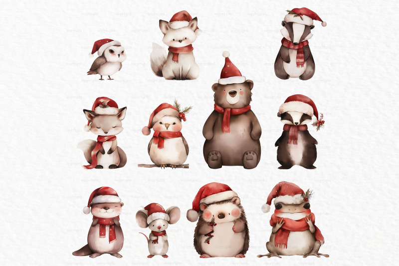 santa-hat-animals-christmas-watercolor-clipart-png