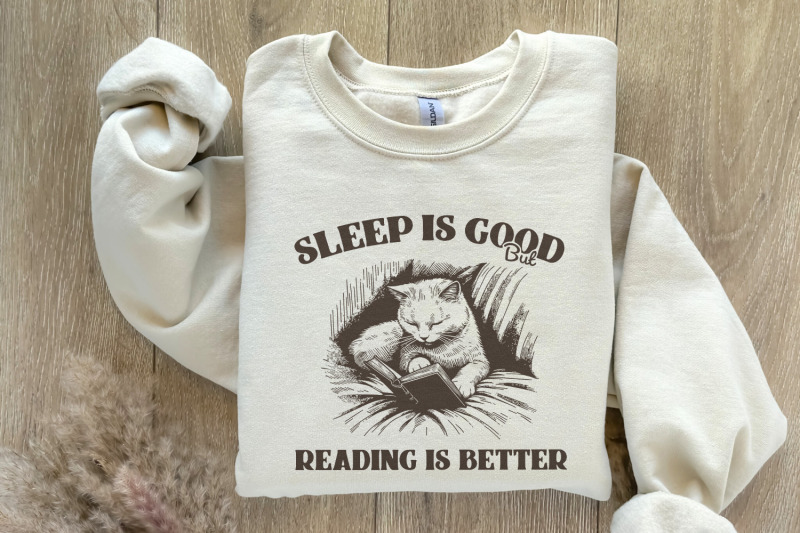 sleep-is-good-but-reading-is-better-png-trendy-bookish-cat-art-book