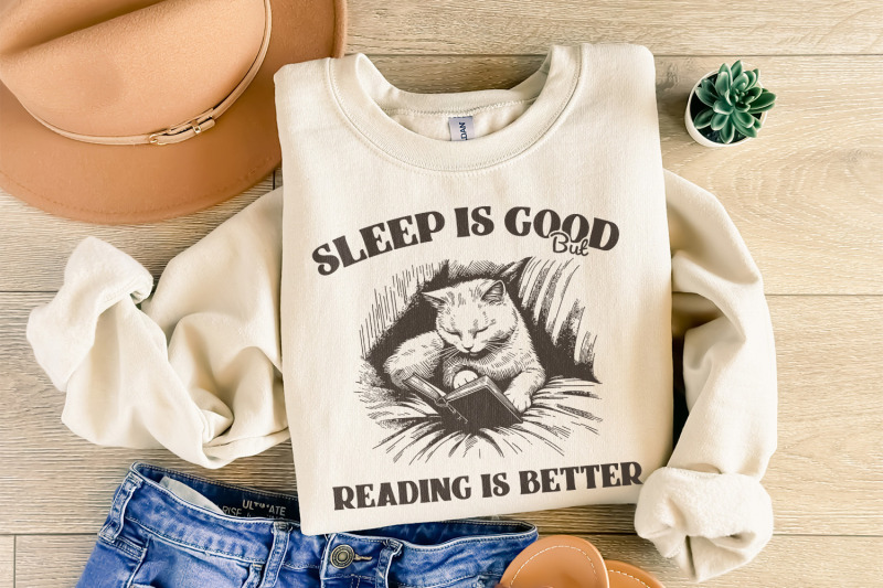 sleep-is-good-but-reading-is-better-png-trendy-bookish-cat-art-book