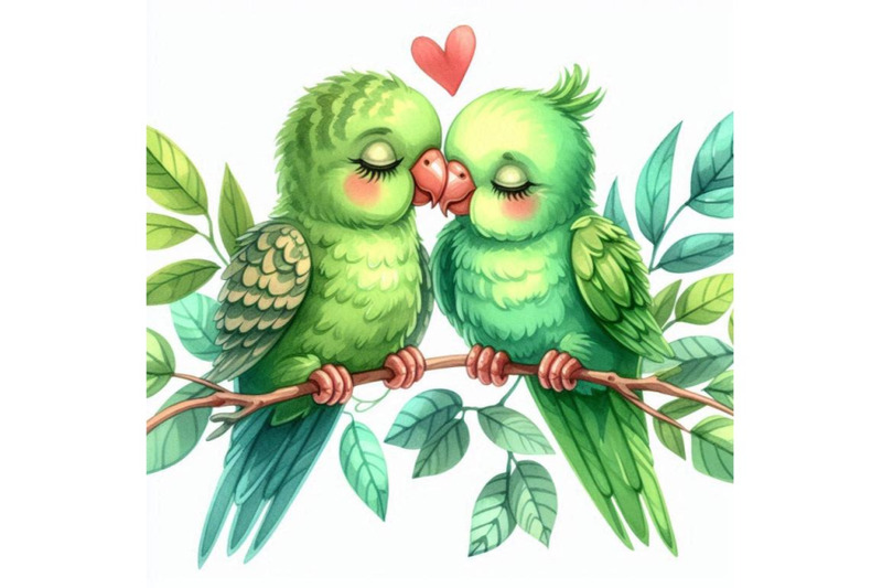 a-pair-of-green-parakeets-kissing-among-the-leaves