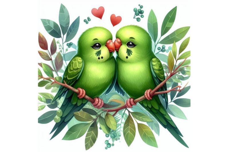 a-pair-of-green-parakeets-kissing-among-the-leaves