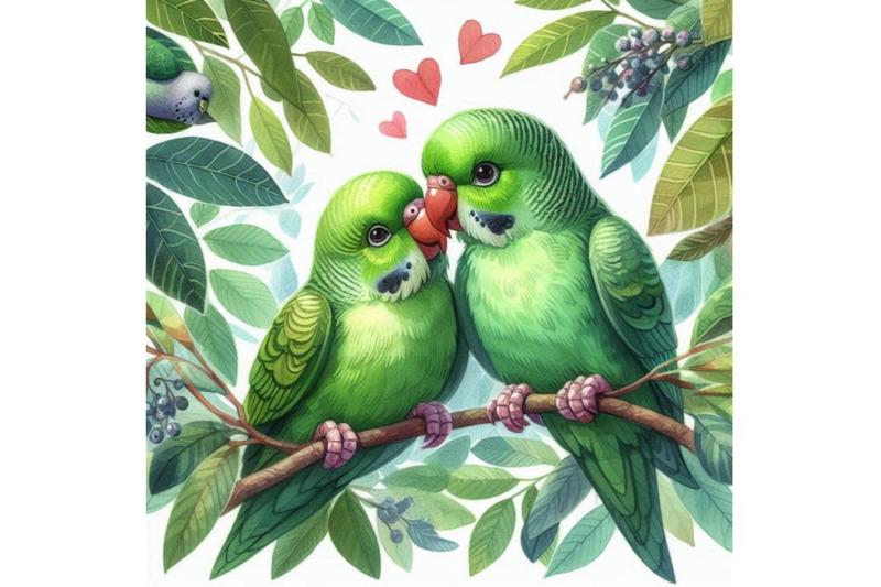 a-pair-of-green-parakeets-kissing-among-the-leaves