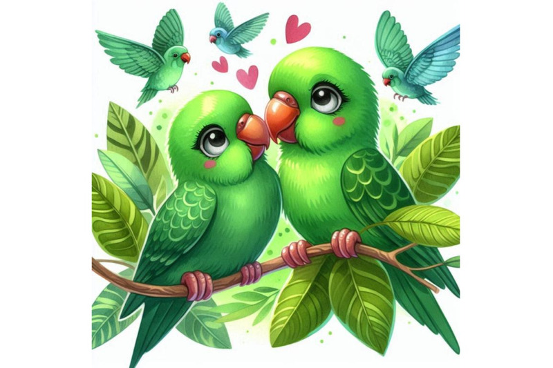 a-pair-of-green-parakeets-kissing-among-the-leaves