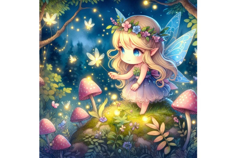 cute-2d-fairy-playing-with-fireflies-in-a-magical-forest