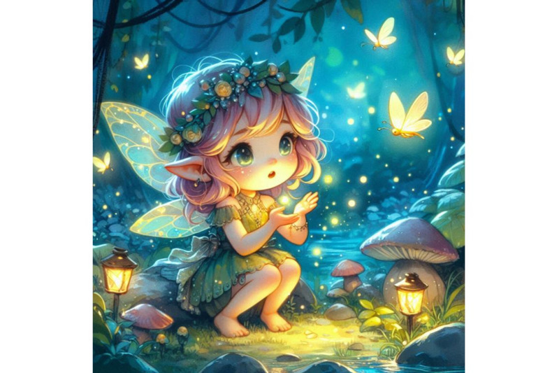 cute-2d-fairy-playing-with-fireflies-in-a-magical-forest