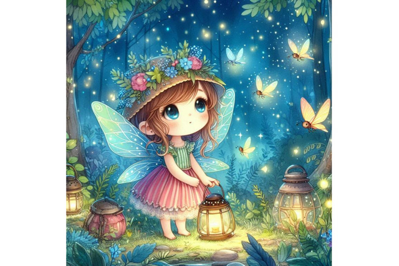 cute-2d-fairy-playing-with-fireflies-in-a-magical-forest