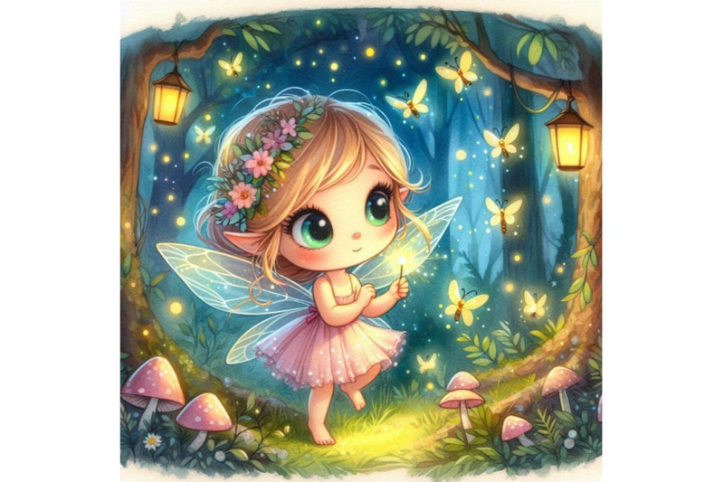 cute-2d-fairy-playing-with-fireflies-in-a-magical-forest