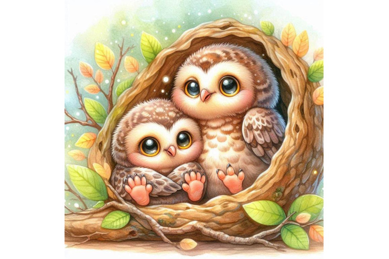 two-cute-baby-owls-snuggled-up-close-in-a-tree-hollow