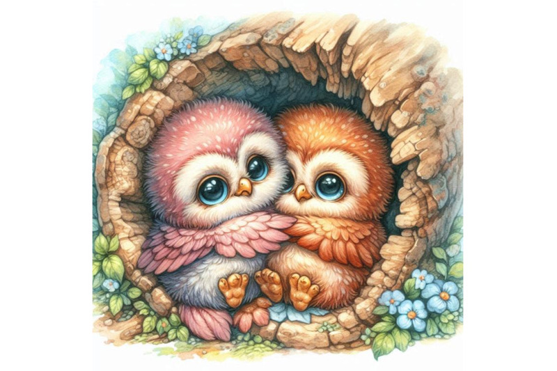 two-cute-baby-owls-snuggled-up-close-in-a-tree-hollow