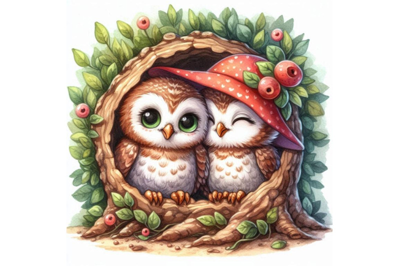 two-cute-baby-owls-snuggled-up-close-in-a-tree-hollow