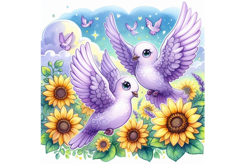 a-pair-of-lavender-doves-flying-through-a-field-of-sunflowers