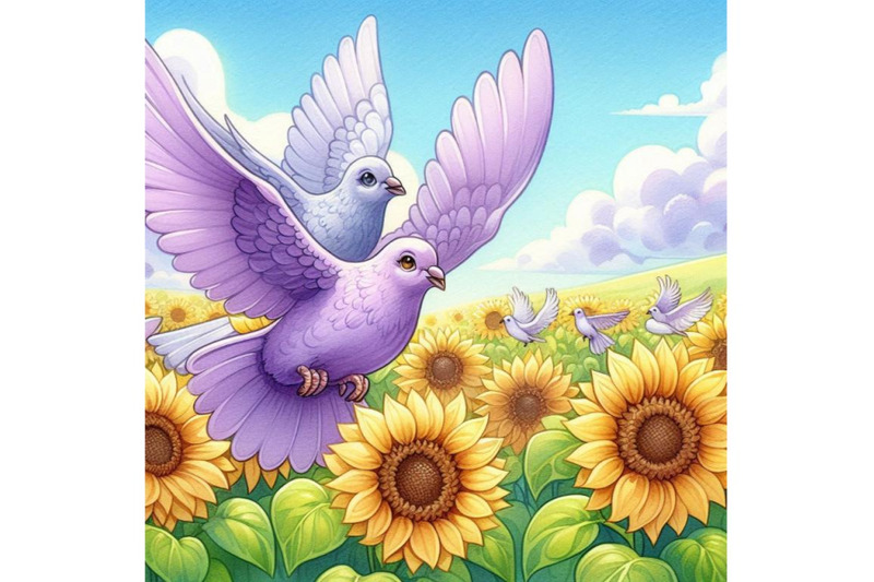 a-pair-of-lavender-doves-flying-through-a-field-of-sunflowers