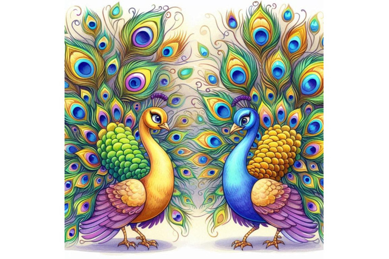 two-colorful-peacocks-displaying-their-feathers-in-unison