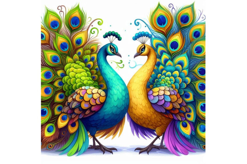 two-colorful-peacocks-displaying-their-feathers-in-unison