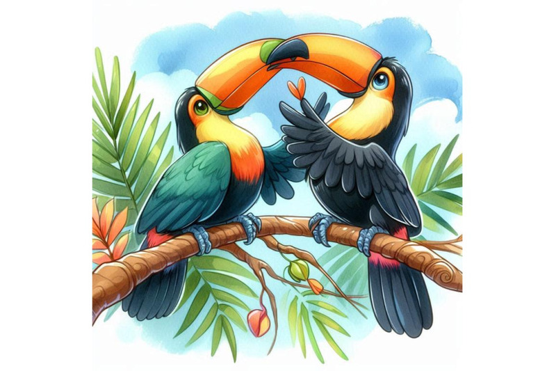 two-playful-toucans-touching-beaks-on-a-tropical-branch